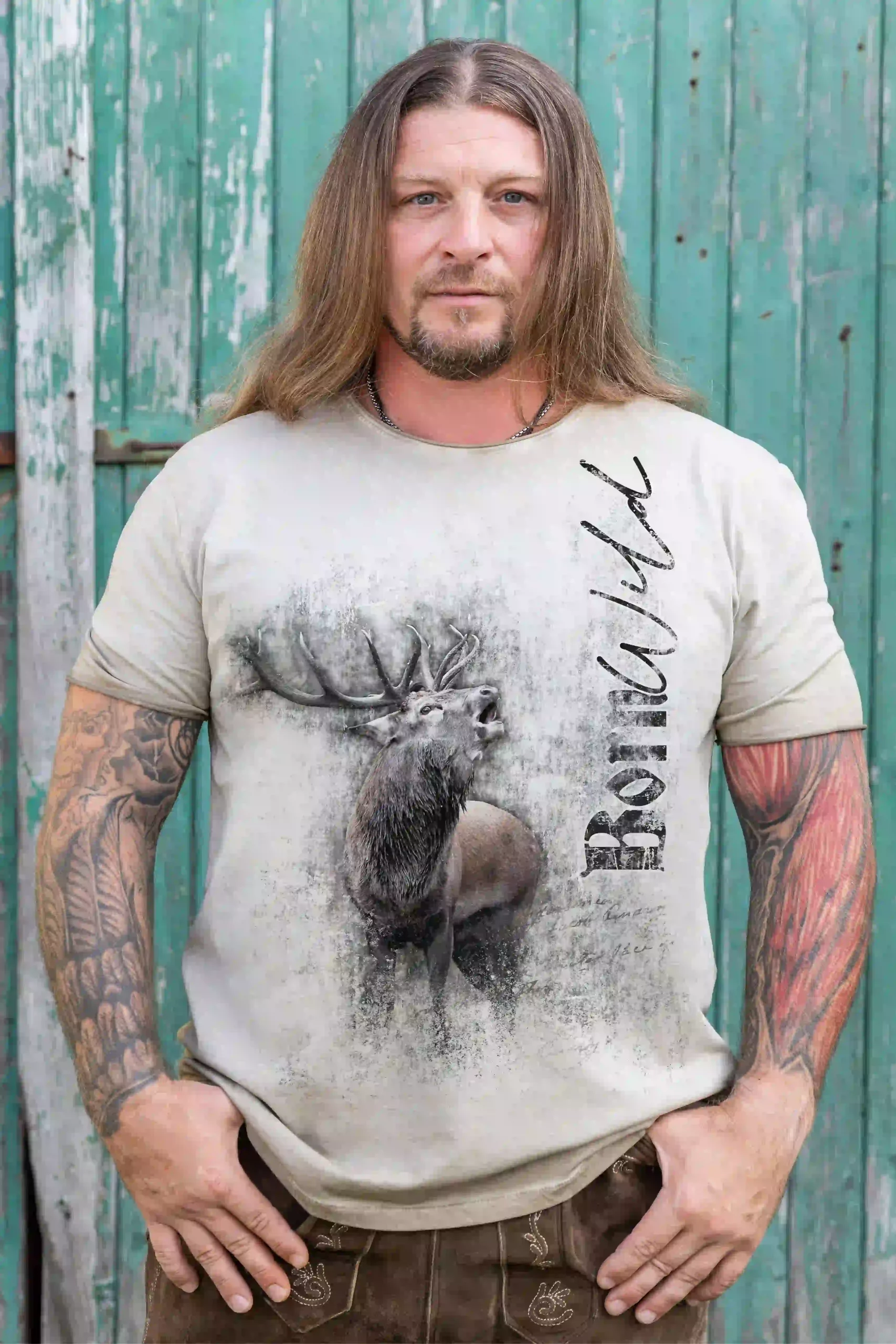 Trachten Herren T-Shirt Born Wild Hirsch