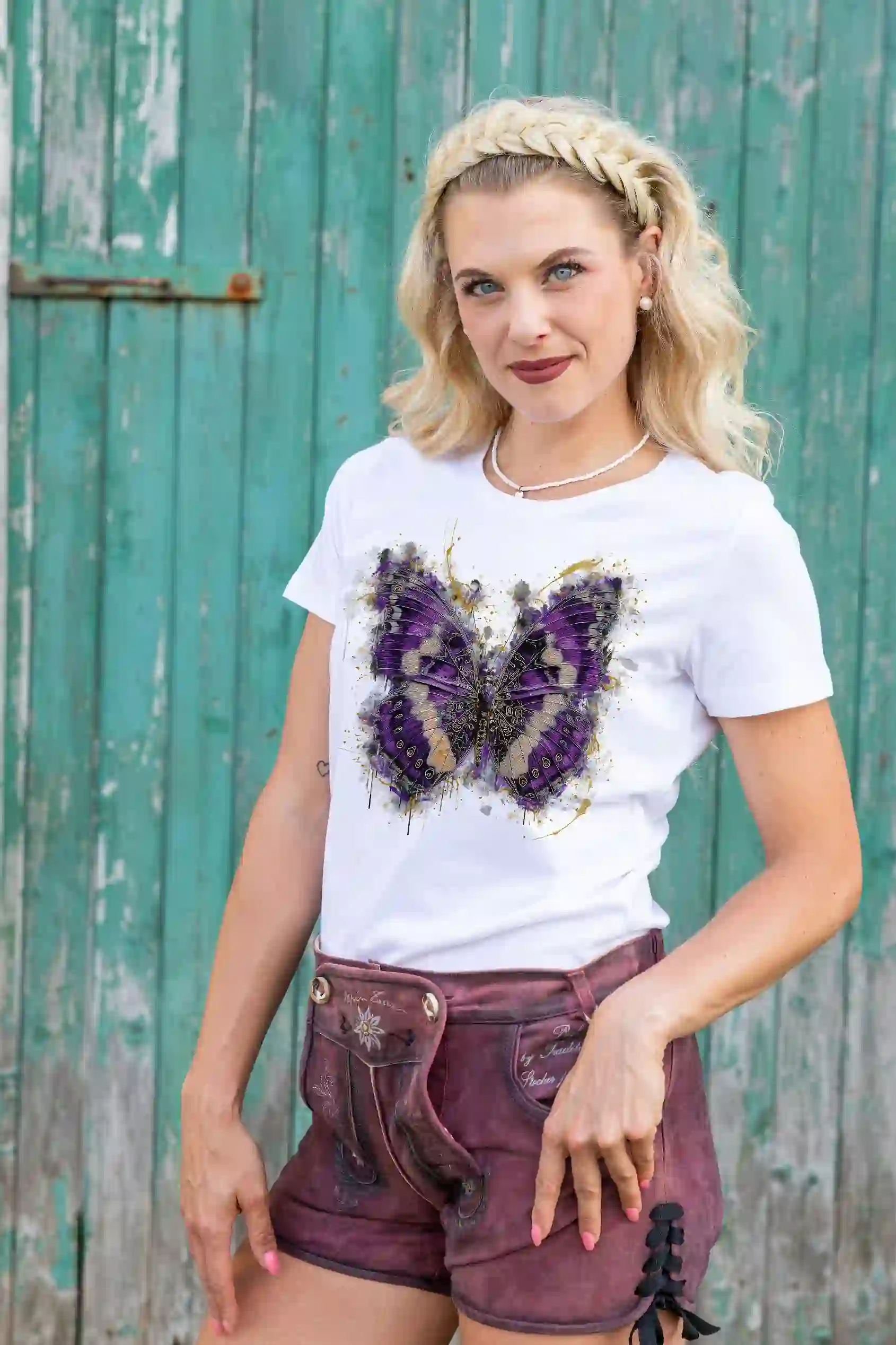 Almtracht Trachtenshirt Damen T-Shirt Schmetterling lila Trachten Damen T-Shirt Schmetterling lila