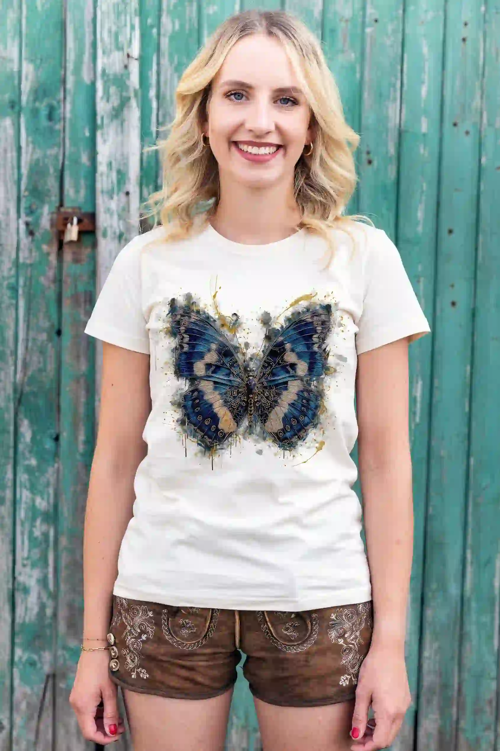 Almtracht Trachtenshirt Damen T-Shirt Schmetterling blau Trachten Damen T-Shirt Schmetterling blau